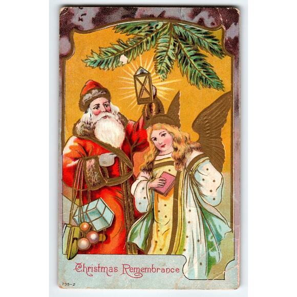 Vintage 1909 Santa Claus & Angel Christmas Remembrance Postcard - Picture 1 of 2
